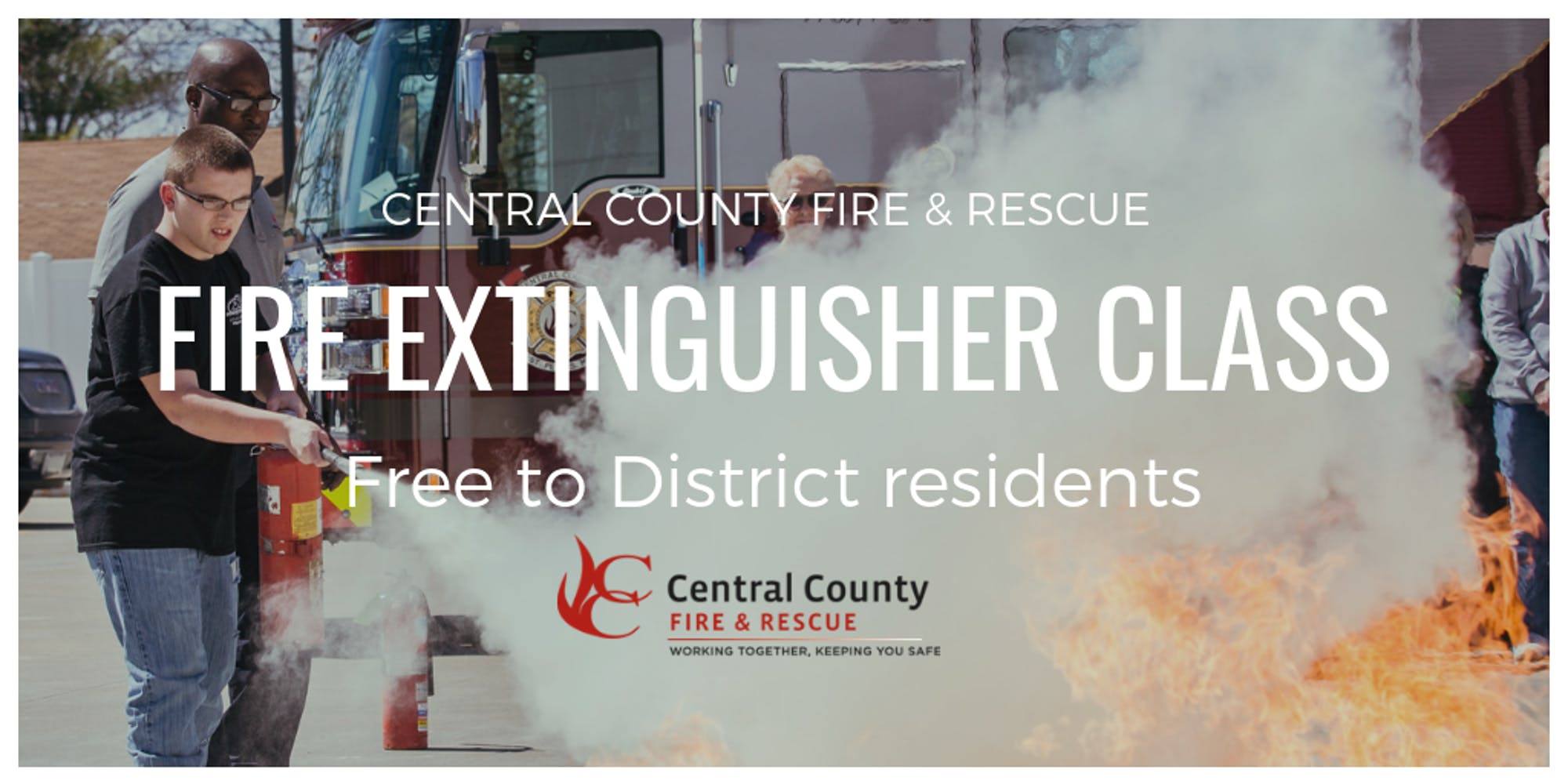 An images showing s man extinguishing a fire with fire extinguisher and text that says "Fire Extinguisher Class Free to District Residents"